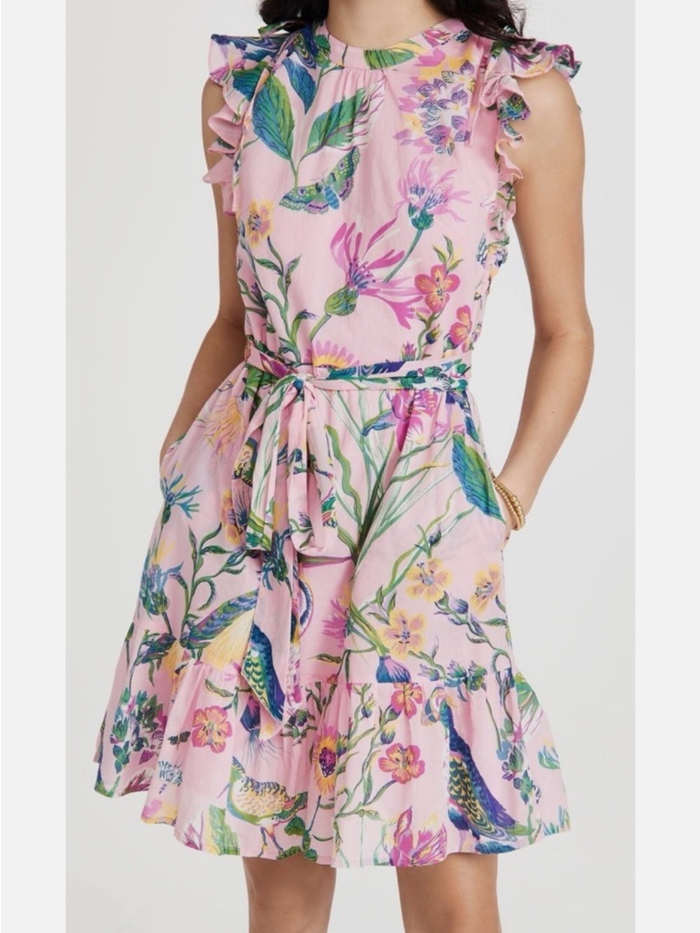 Banjanan Pink Floral Ruffled Sleeve Tie-Waist Dress size small cotton voile